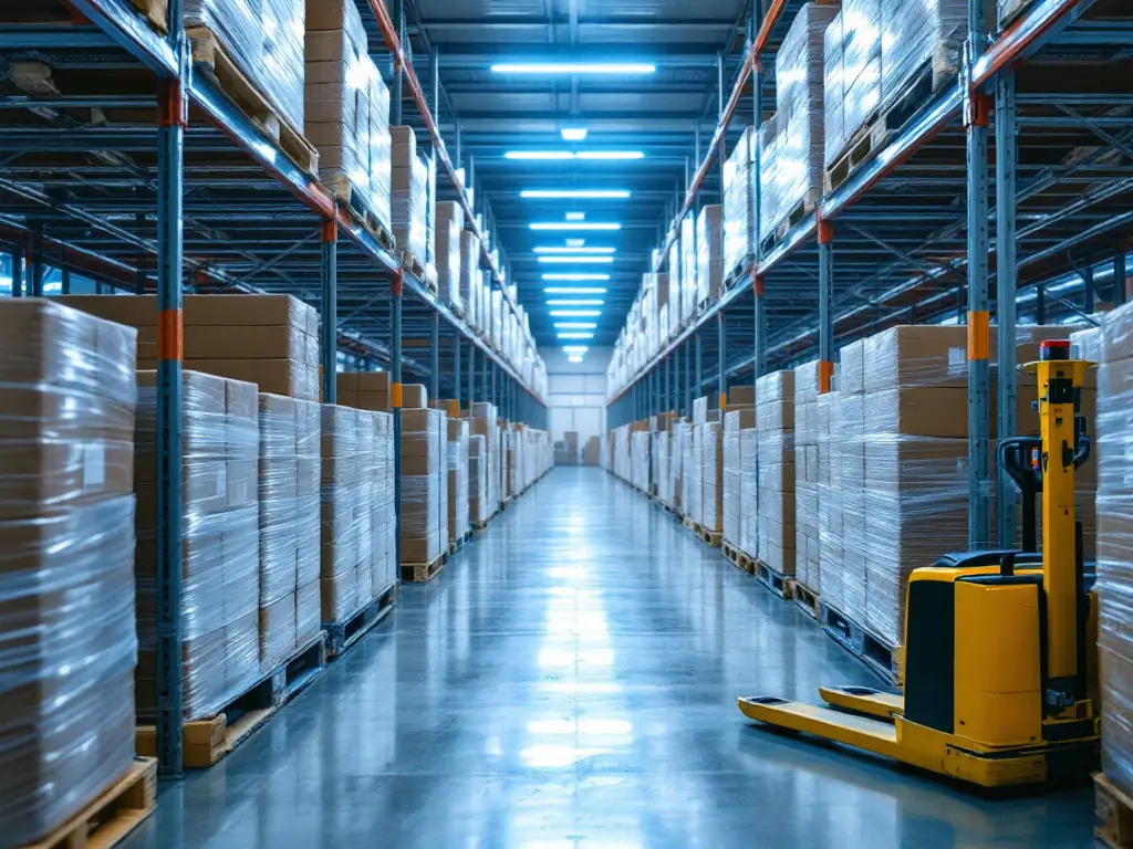 Stretch-wrapped pallets of cased goods on racking in a cool warehouse aisle, a pallet jack parked to one side