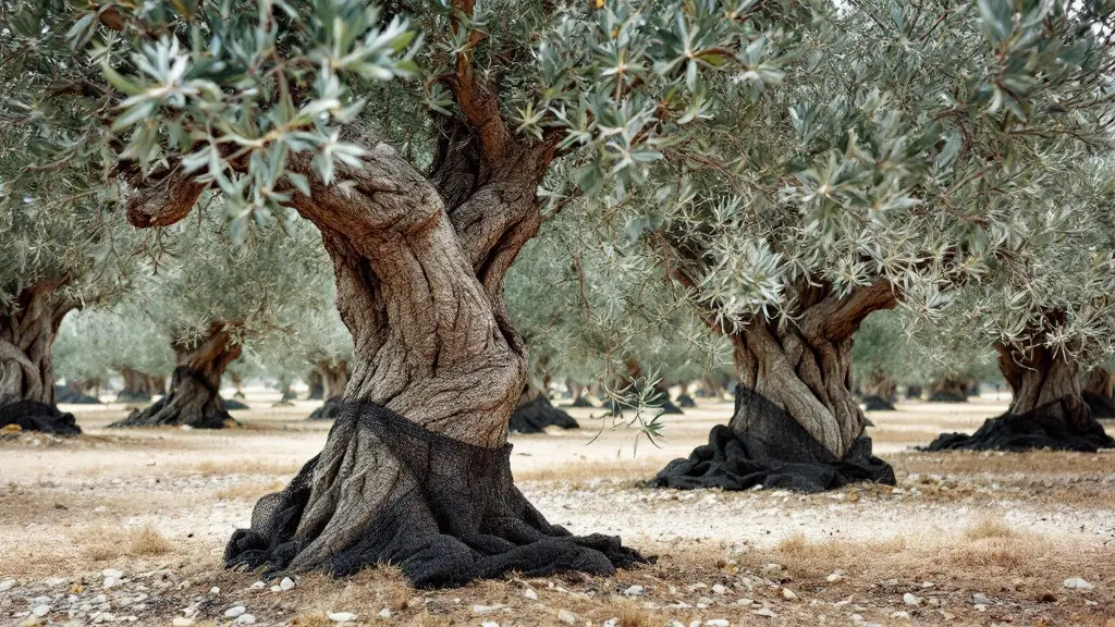 Ancient gnarled olive trees in a sunlit Mediterranean grove