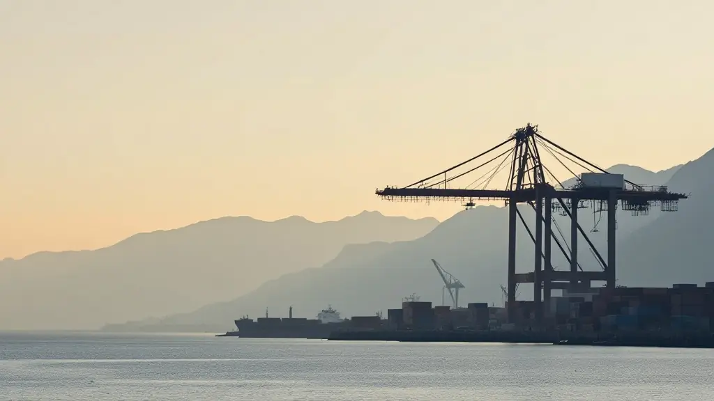 Ship-to-shore gantry crane and stacked containers at a Pacific container terminal at dawn, mountains behind